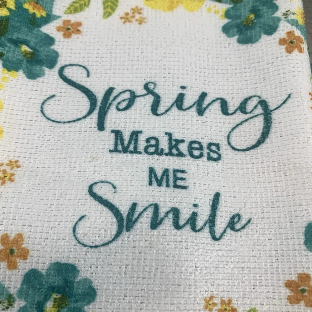 Spring Makes Me Smile 2 Kitchen Towels with Yellow Flowers Mint Green‎ Check